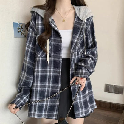 Jmprs Vintage Plaid Hooded Shirt Women Oversize Long Sleeve Y2K Blouse American Casual Harajuku Female Vintage Spring Tops New