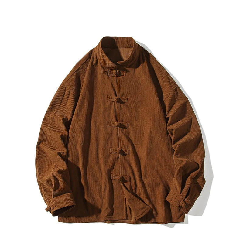 chinese style solid color Shirts for Men Corduroy Buckle Long-sleeved Shirt Autumn and Winter Tang Coat Zhongshan Coat