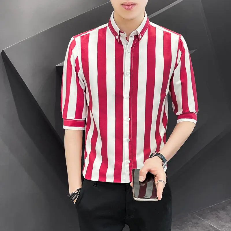 Korean Fashion Trend Handsome Summer Striped Short Sleeved Shirt Men&