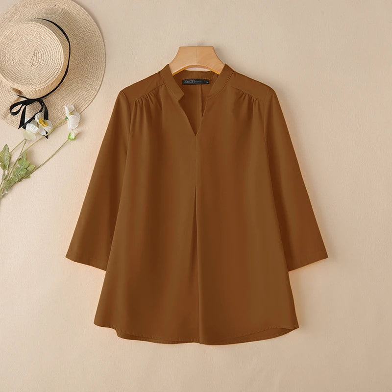 2025 ZANZEA Autumn V Neck Long Sleeve Tops Women Blouse Casual Solid Loose Shirt Elegant OL Work Shirts Oversize Female Chemise
