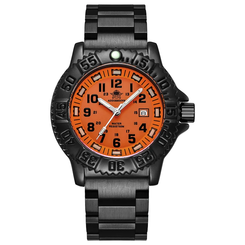 ADDIESDIVE Fashion Orange Dial Quartz Watch Waterproof Super Luminous Wristwatch Stainless Steel Strap Alloy Case Men&