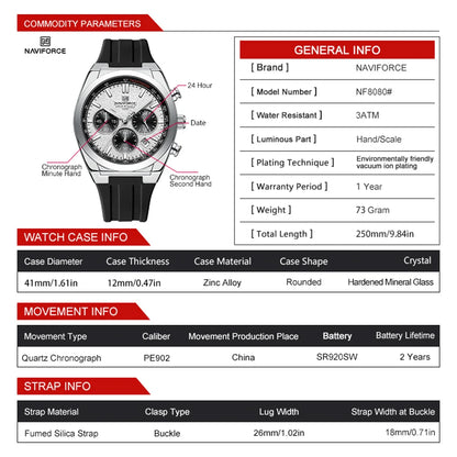 NAVIFORCE Men Watch Sport Top Brand Luxury Military Chronograph Date Original Wristwatch Waterproof Quartz Male Clock Gift 8080