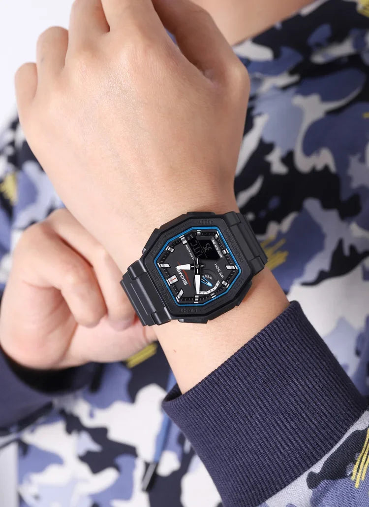 SKMEI 2438 Casual Dual Digital Display Quartz Waterproof Watches Calendar Analog Stopwatch timing Alarm LED night light Clock