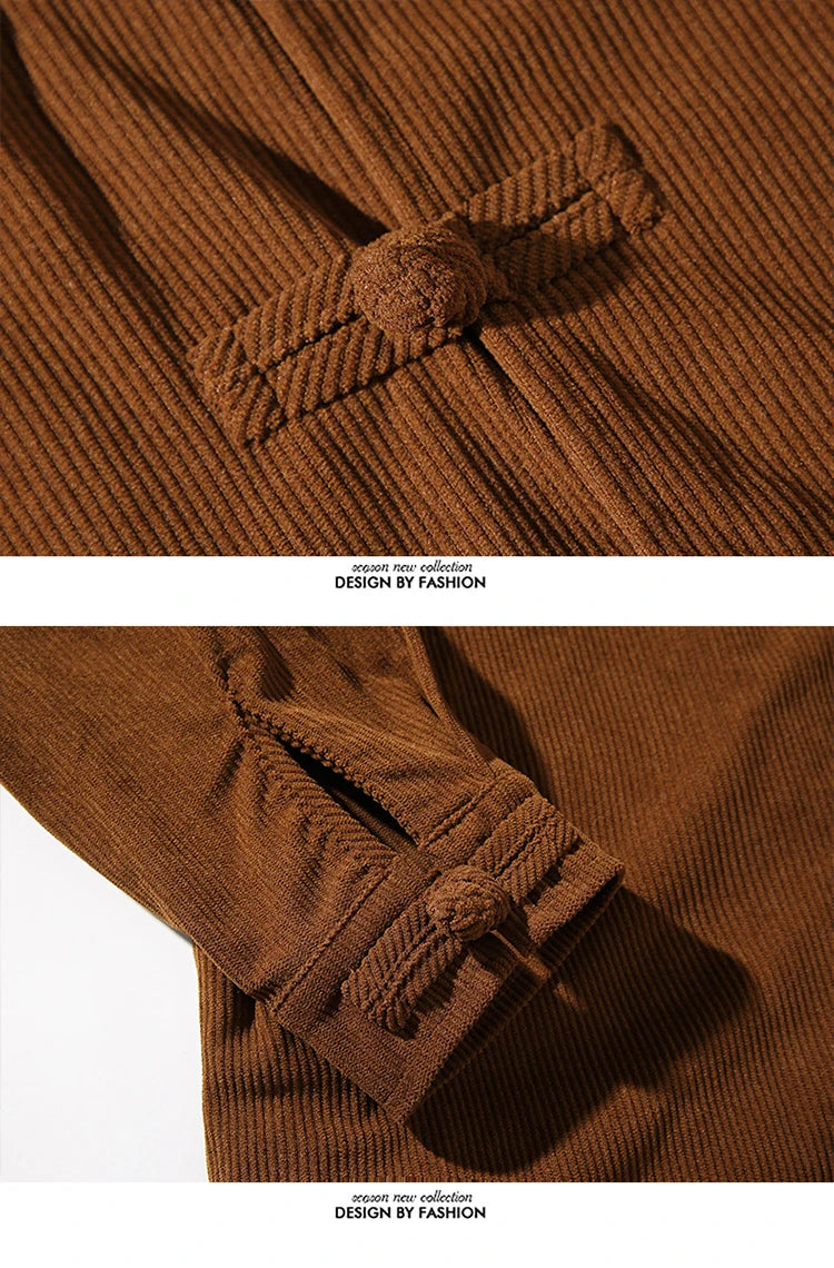 chinese style solid color Shirts for Men Corduroy Buckle Long-sleeved Shirt Autumn and Winter Tang Coat Zhongshan Coat