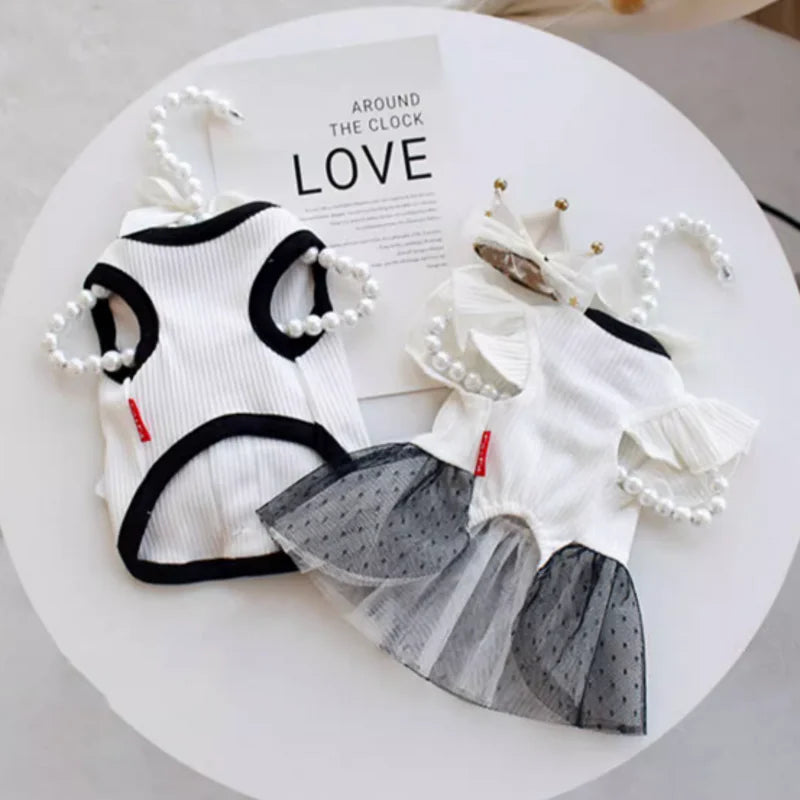 Dog Clothes for Small Dogs Dog Summer T-Shirt Pet Dog Skirt Black White Retro Dresses Puppy Costume Chihuahua Bichon Clothing