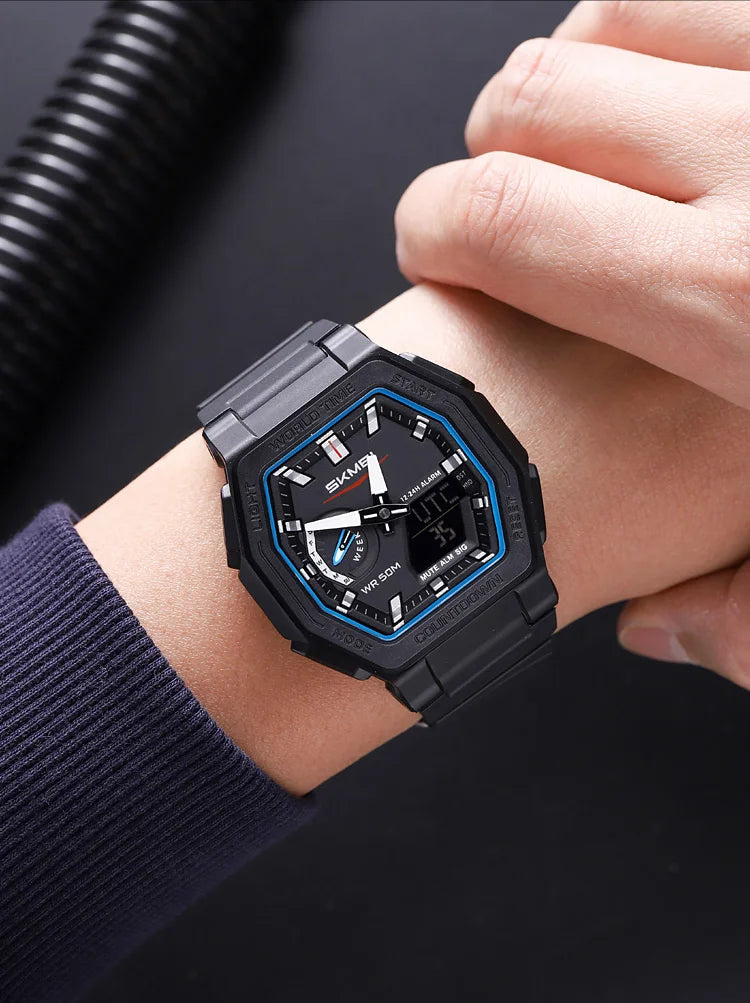 SKMEI 2438 Casual Dual Digital Display Quartz Waterproof Watches Calendar Analog Stopwatch timing Alarm LED night light Clock
