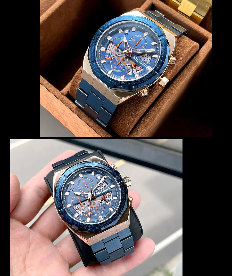 MEGIR Gray Sport Quartz Watch for Men Luxury Luminous Waterproof Metal Wristwatch with Stainless Steel Strap Date Chronograph