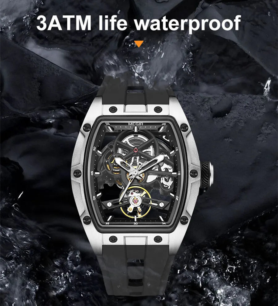 MEGIR Luxury Brand Sport Watch for Men Silicone Mechanical Watches Hollow Full Automatic Movement Luminous Wristwatch Clock 2242