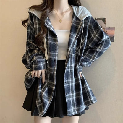 Jmprs Vintage Plaid Hooded Shirt Women Oversize Long Sleeve Y2K Blouse American Casual Harajuku Female Vintage Spring Tops New