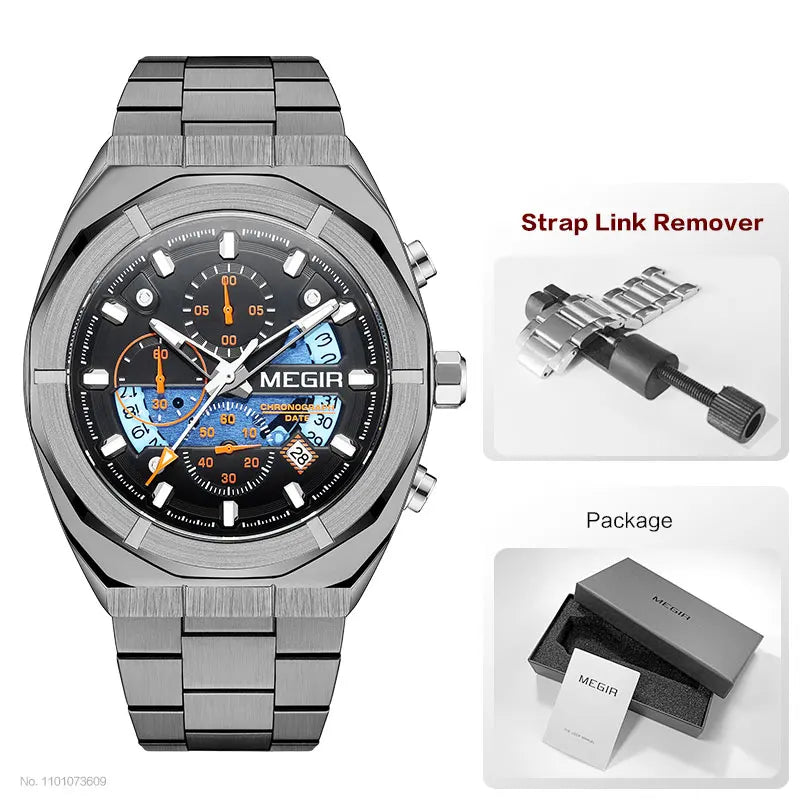 MEGIR Gray Sport Quartz Watch for Men Luxury Luminous Waterproof Metal Wristwatch with Stainless Steel Strap Date Chronograph