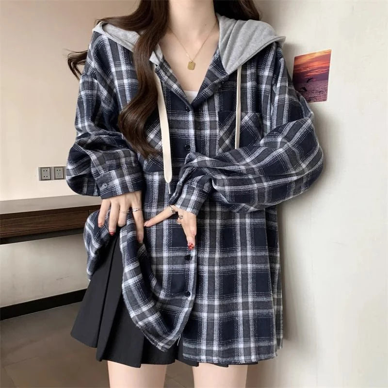 Jmprs Vintage Plaid Hooded Shirt Women Oversize Long Sleeve Y2K Blouse American Casual Harajuku Female Vintage Spring Tops New