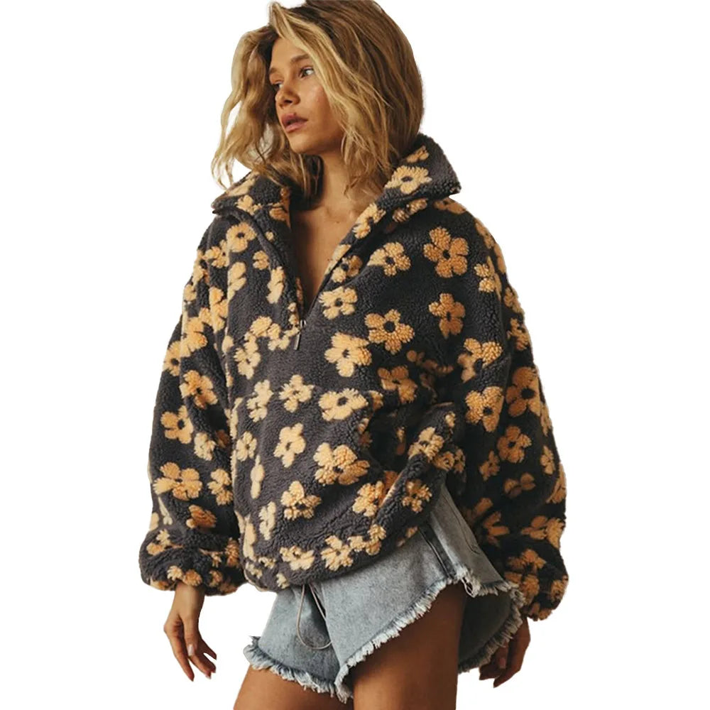 Fleece Sweatshirt No Hat Womens Hoodie Zip Pockets Woman Autumn Plush Flannel Long-Sleeve Plaid Split Cleanfit Laceup Ruffled