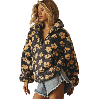 Fleece Sweatshirt No Hat Womens Hoodie Zip Pockets Woman Autumn Plush Flannel Long-Sleeve Plaid Split Cleanfit Laceup Ruffled