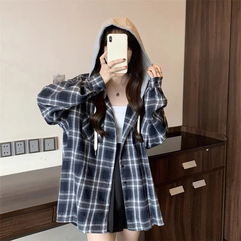 Jmprs Vintage Plaid Hooded Shirt Women Oversize Long Sleeve Y2K Blouse American Casual Harajuku Female Vintage Spring Tops New