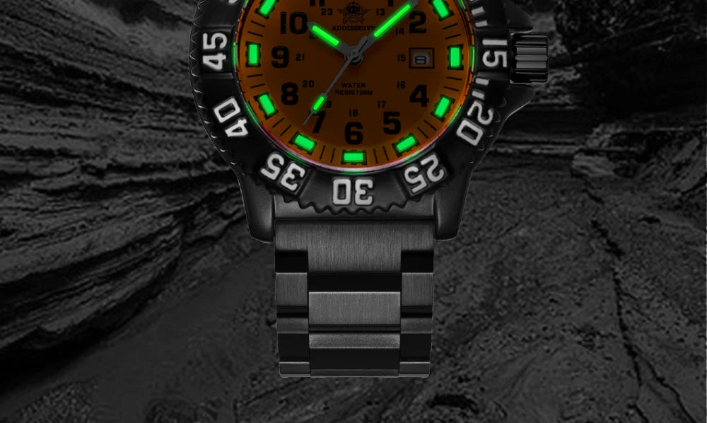 ADDIESDIVE Fashion Orange Dial Quartz Watch Waterproof Super Luminous Wristwatch Stainless Steel Strap Alloy Case Men&