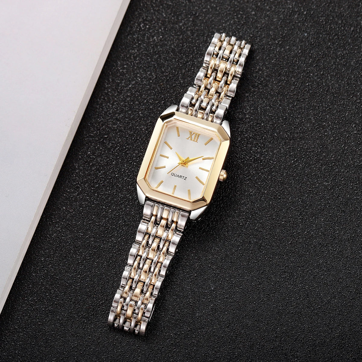 6PCS Elegant Women Rectangle Roma Dial Wristwatch Fashion Alloy Strap Quartz Watch With Diamond Heart Jewelry Set(Without Box)
