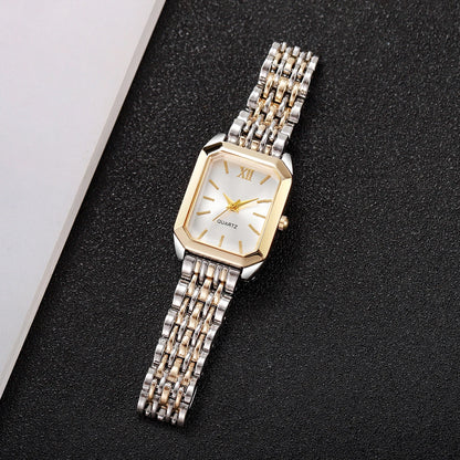 6PCS Elegant Women Rectangle Roma Dial Wristwatch Fashion Alloy Strap Quartz Watch With Diamond Heart Jewelry Set(Without Box)