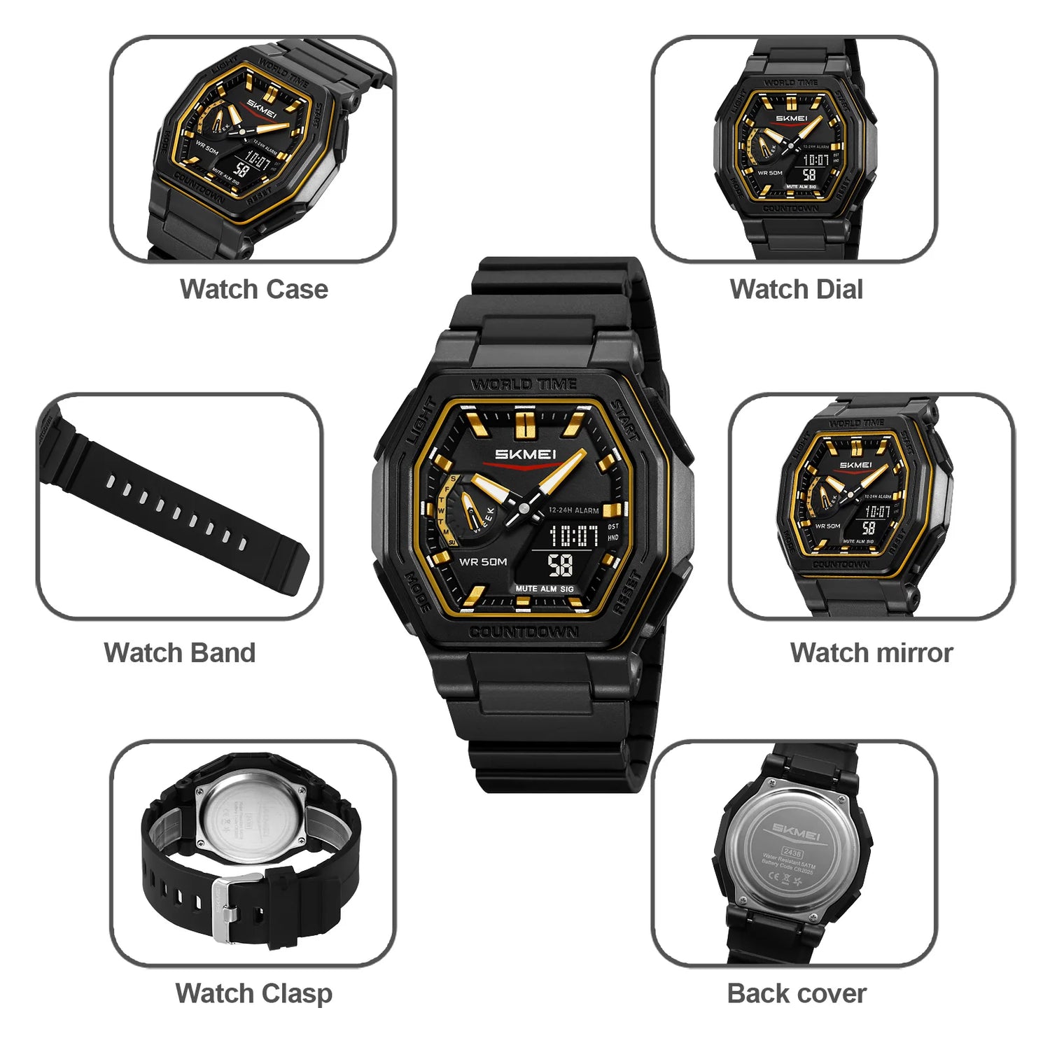 SKMEI 2438 Casual Dual Digital Display Quartz Waterproof Watches Calendar Analog Stopwatch timing Alarm LED night light Clock