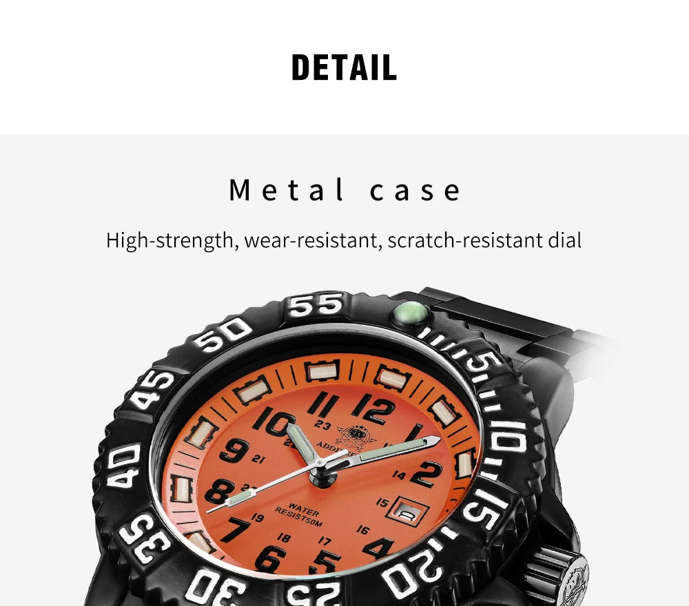 ADDIESDIVE Fashion Orange Dial Quartz Watch Waterproof Super Luminous Wristwatch Stainless Steel Strap Alloy Case Men&