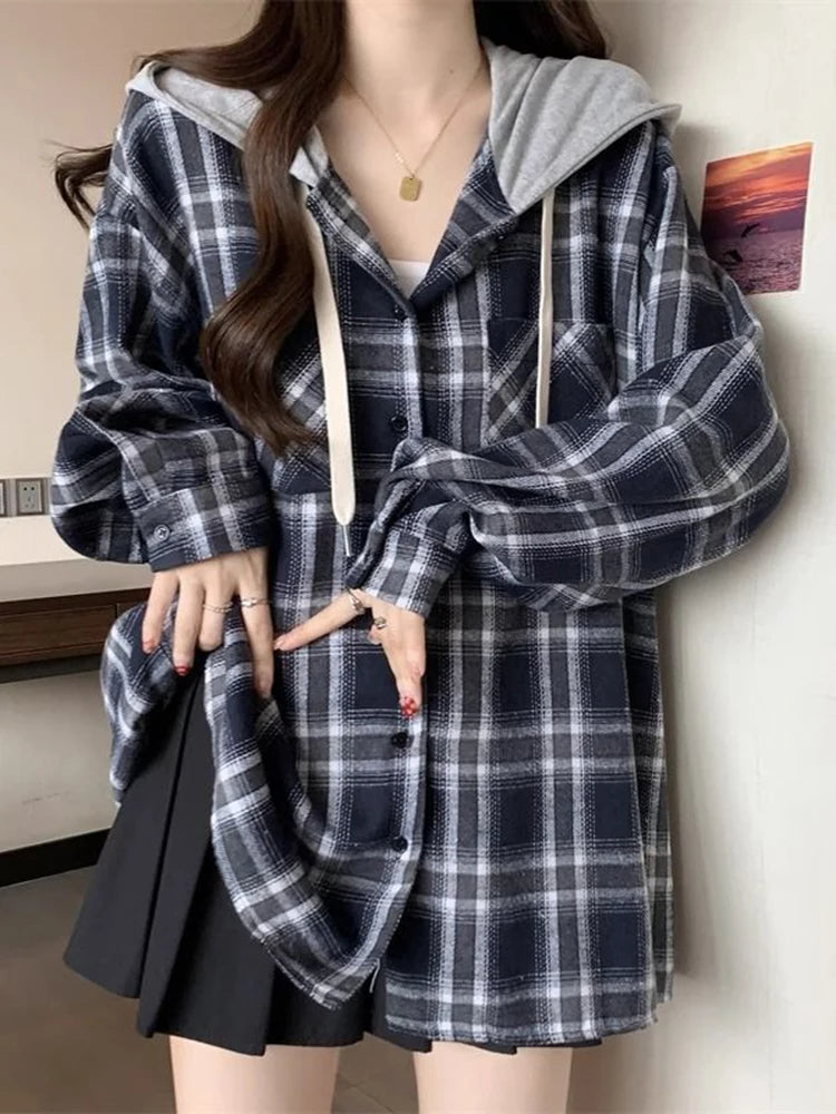 Jmprs Vintage Plaid Hooded Shirt Women Oversize Long Sleeve Y2K Blouse American Casual Harajuku Female Vintage Spring Tops New