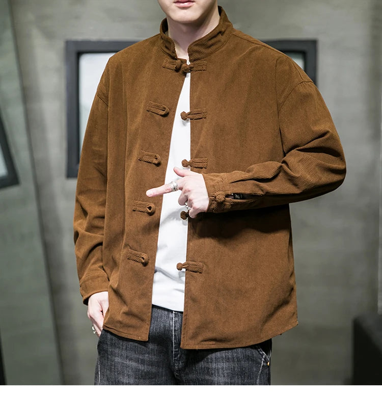chinese style solid color Shirts for Men Corduroy Buckle Long-sleeved Shirt Autumn and Winter Tang Coat Zhongshan Coat
