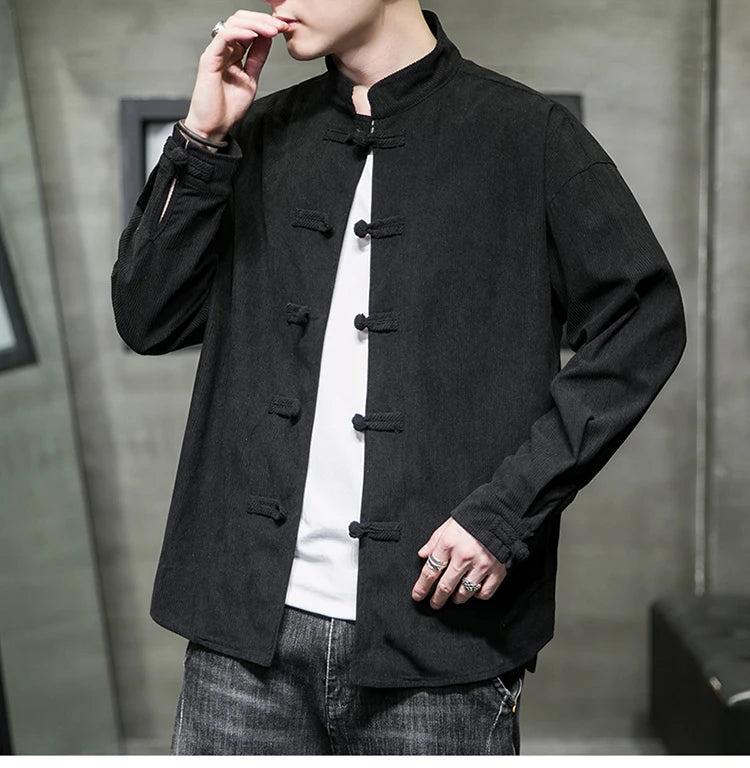 chinese style solid color Shirts for Men Corduroy Buckle Long-sleeved Shirt Autumn and Winter Tang Coat Zhongshan Coat