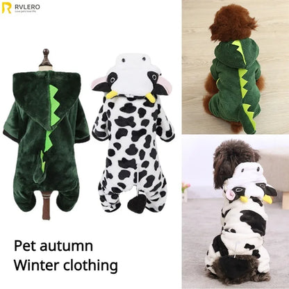 Dog Clothing Autumn Winter Thickened Coral Velvet Thermal Insulation Teddy Puppy Clothes Warm Garment Dinosaur Cream Dress Up