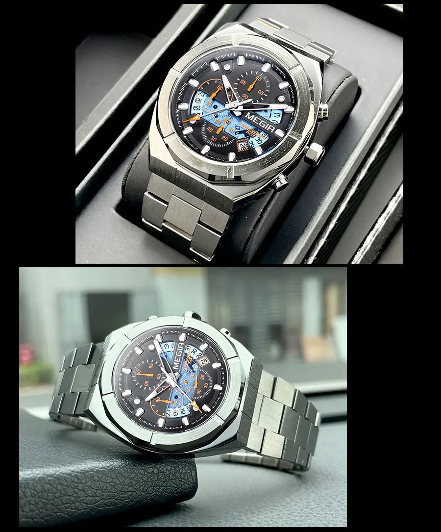 MEGIR Gray Sport Quartz Watch for Men Luxury Luminous Waterproof Metal Wristwatch with Stainless Steel Strap Date Chronograph