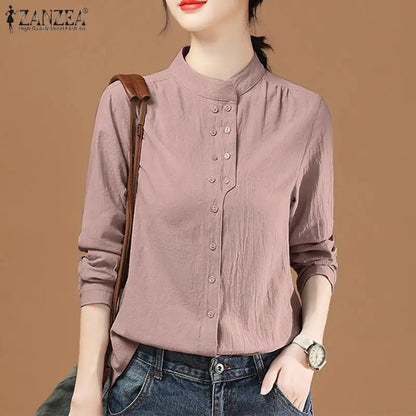 ZANZEA Chinese Style Vintage Blouse 2023 Cotton Long Sleeve Shirt Fashion Autumn Women Double Breasted Top Casual Oversize Blusa