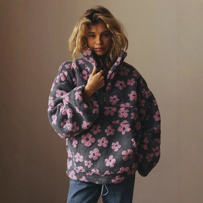 Fleece Sweatshirt No Hat Womens Hoodie Zip Pockets Woman Autumn Plush Flannel Long-Sleeve Plaid Split Cleanfit Laceup Ruffled