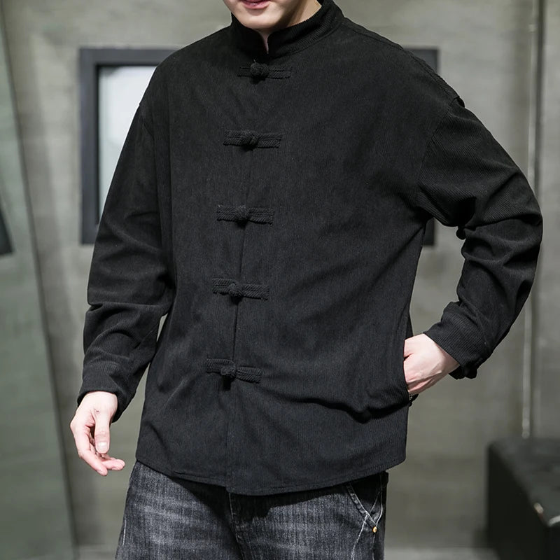 chinese style solid color Shirts for Men Corduroy Buckle Long-sleeved Shirt Autumn and Winter Tang Coat Zhongshan Coat