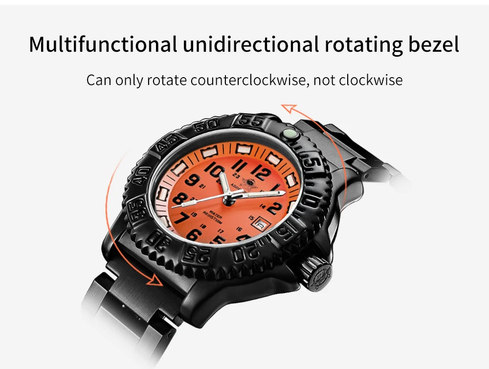 ADDIESDIVE Fashion Orange Dial Quartz Watch Waterproof Super Luminous Wristwatch Stainless Steel Strap Alloy Case Men&