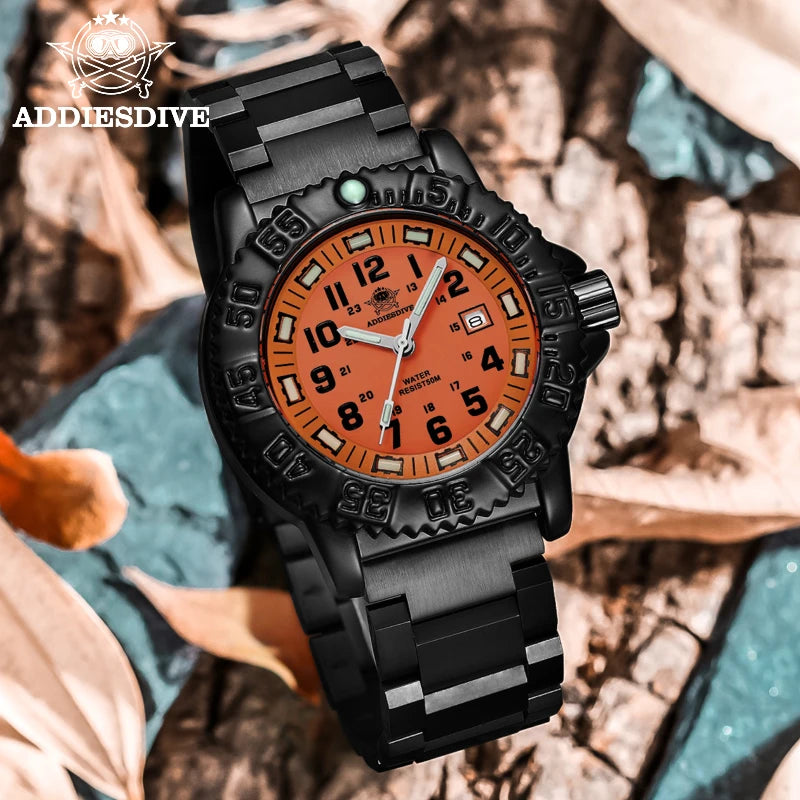 ADDIESDIVE Fashion Orange Dial Quartz Watch Waterproof Super Luminous Wristwatch Stainless Steel Strap Alloy Case Men&