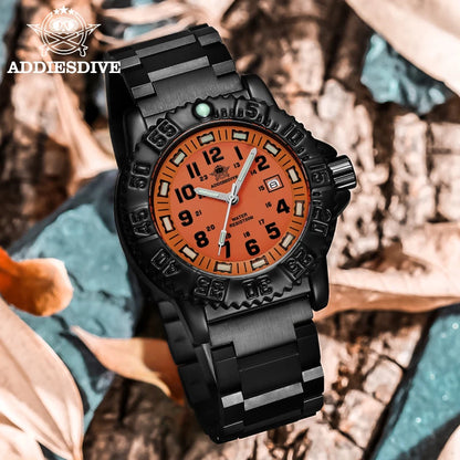 ADDIESDIVE Fashion Orange Dial Quartz Watch Waterproof Super Luminous Wristwatch Stainless Steel Strap Alloy Case Men&