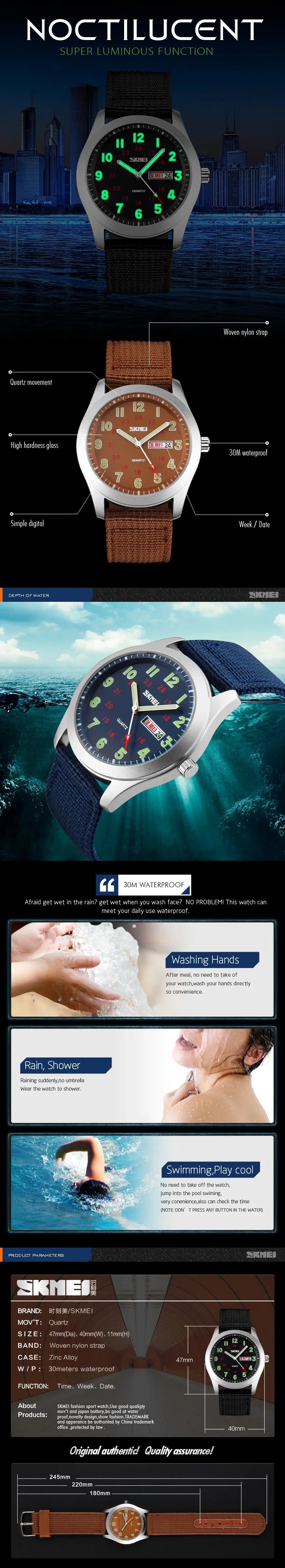 SKMEI 9112 Watches Luminous Pointer Waterproof Male Wristwatch Date Calendar Clock Reloj Hombre Luxury Men Sport Quartz