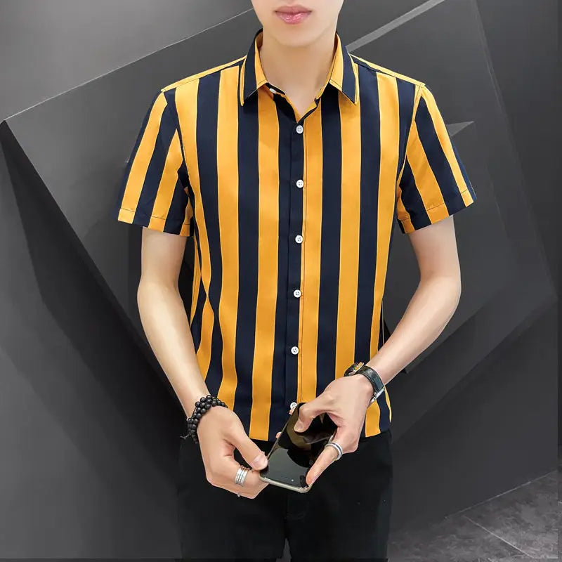 Korean Fashion Trend Handsome Summer Striped Short Sleeved Shirt Men&