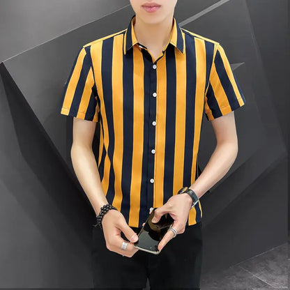 Korean Fashion Trend Handsome Summer Striped Short Sleeved Shirt Men&