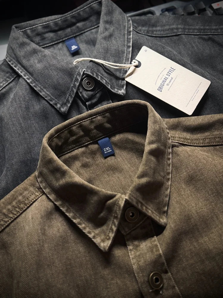 Mens Work Shirt Vintage American Style Pure Cotton Distressed Casual Long Sleeve Loose Fit Plus Size Button Down High Quality