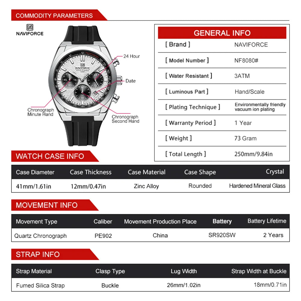 NAVIFORCE Men Watch Sport Top Brand Luxury Military Chronograph Date Original Wristwatch Waterproof Quartz Male Clock Gift 8080