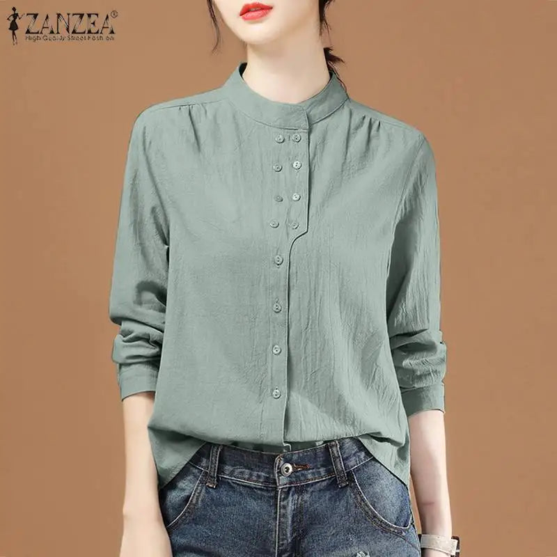 ZANZEA Chinese Style Vintage Blouse 2023 Cotton Long Sleeve Shirt Fashion Autumn Women Double Breasted Top Casual Oversize Blusa