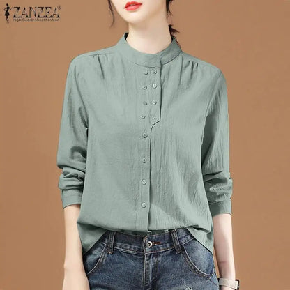 ZANZEA Chinese Style Vintage Blouse 2023 Cotton Long Sleeve Shirt Fashion Autumn Women Double Breasted Top Casual Oversize Blusa