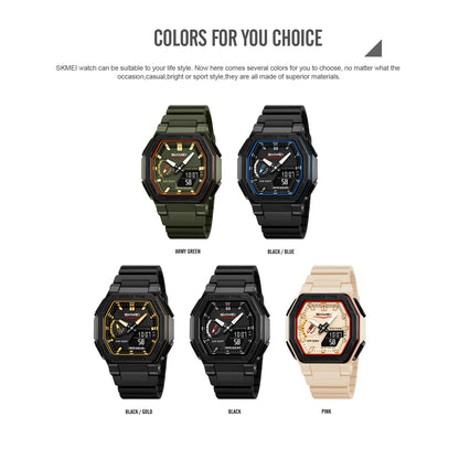 SKMEI 2438 Casual Dual Digital Display Quartz Waterproof Watches Calendar Analog Stopwatch timing Alarm LED night light Clock
