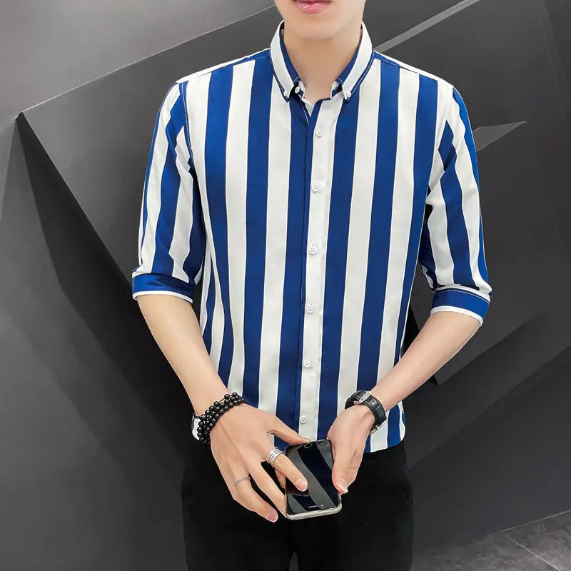 Korean Fashion Trend Handsome Summer Striped Short Sleeved Shirt Men&