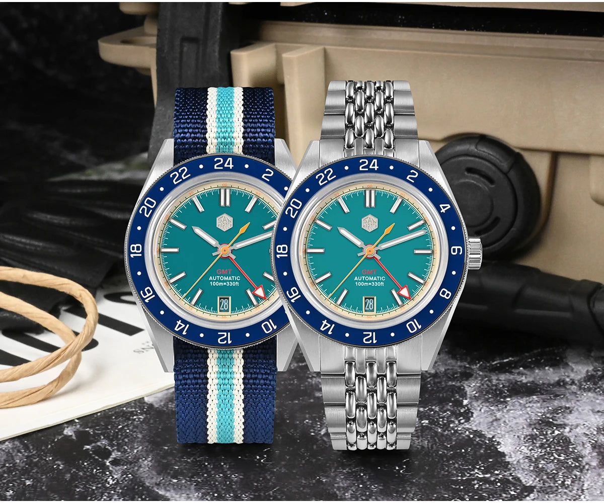 San Martin 39.5mm Limited Edition Full Lume Dial Automatic Mens Watch NH34 GMT 6H Date 10Bar Luxury Kol Saati SN0116W