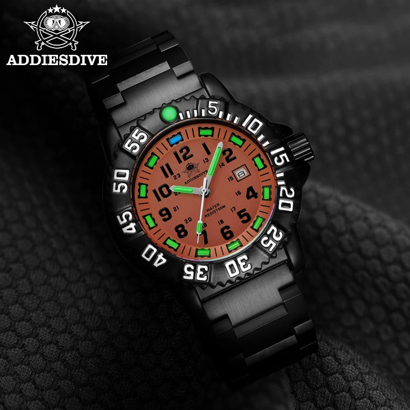 ADDIESDIVE Fashion Orange Dial Quartz Watch Waterproof Super Luminous Wristwatch Stainless Steel Strap Alloy Case Men&