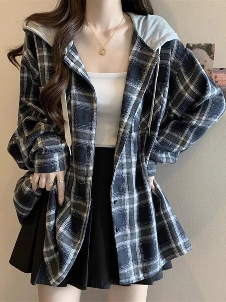 Jmprs Vintage Plaid Hooded Shirt Women Oversize Long Sleeve Y2K Blouse American Casual Harajuku Female Vintage Spring Tops New