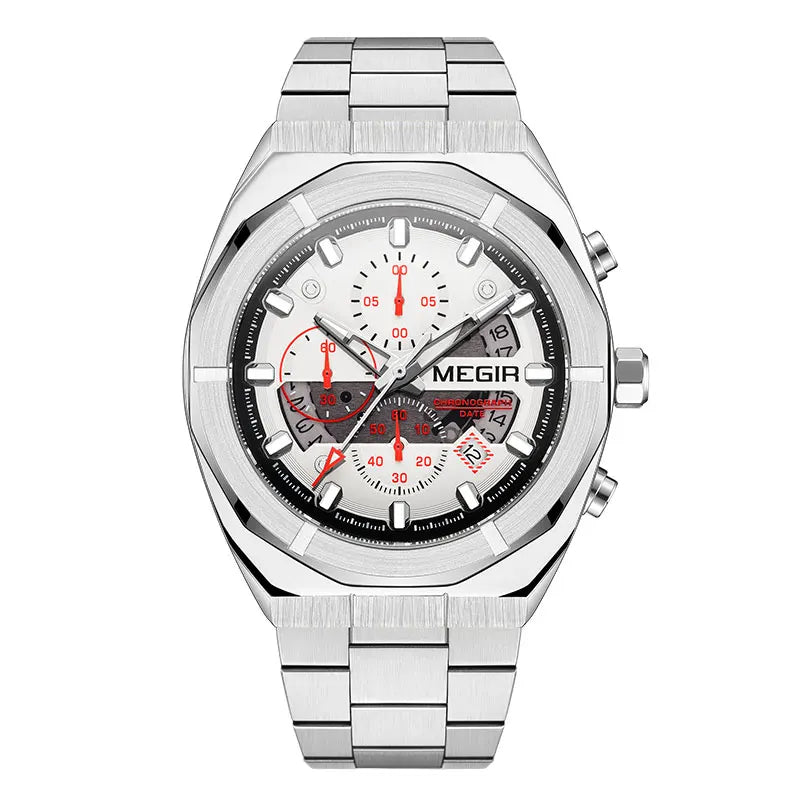 MEGIR Gray Sport Quartz Watch for Men Luxury Luminous Waterproof Metal Wristwatch with Stainless Steel Strap Date Chronograph