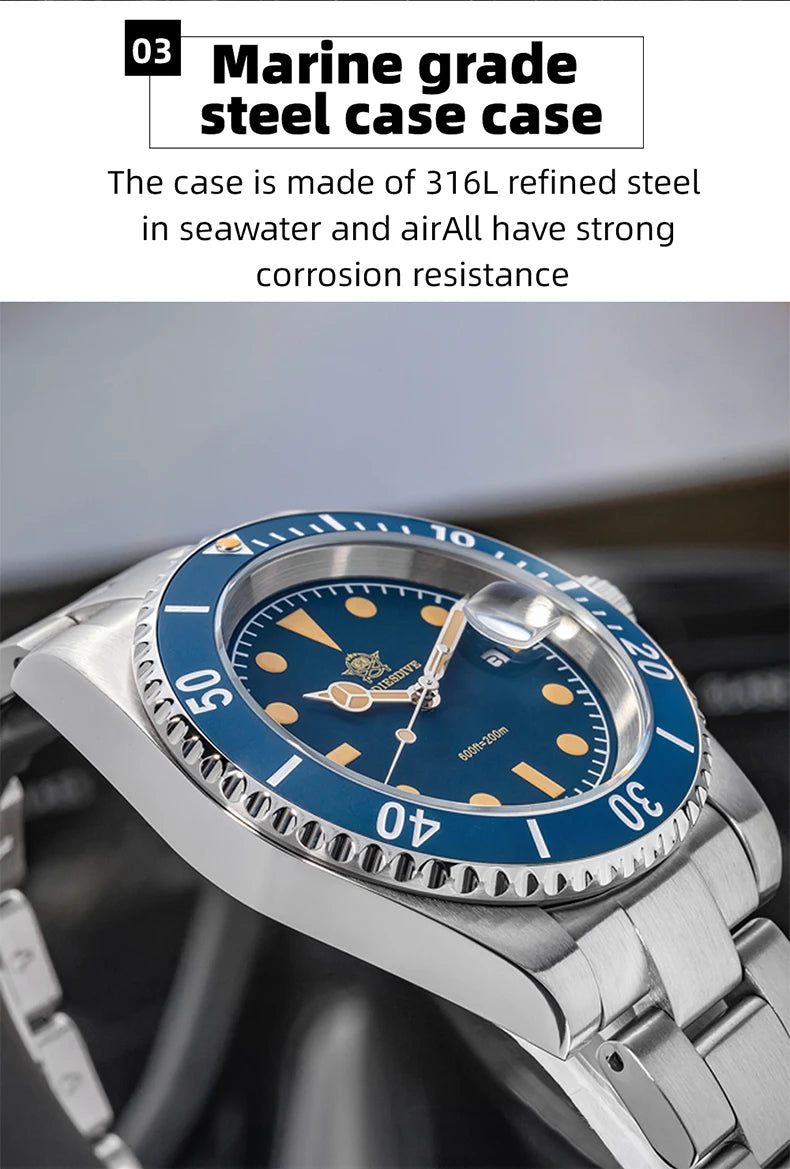 ADDIESDIVE AD2054 Quartz Watch 200M Waterproof Stainless Steel Men&