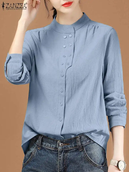 ZANZEA Chinese Style Vintage Blouse 2023 Cotton Long Sleeve Shirt Fashion Autumn Women Double Breasted Top Casual Oversize Blusa