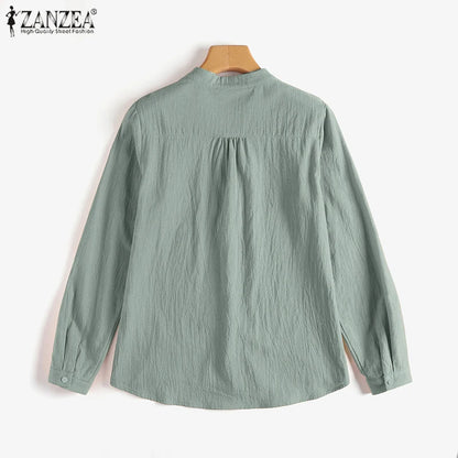 ZANZEA Chinese Style Vintage Blouse 2023 Cotton Long Sleeve Shirt Fashion Autumn Women Double Breasted Top Casual Oversize Blusa